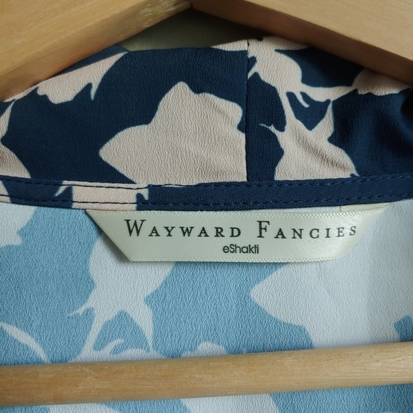 Wayward Fancies eShakti Blue Beige Floral Print Crepe Ruched Wrap Top Blouse - Picture 3 of 5